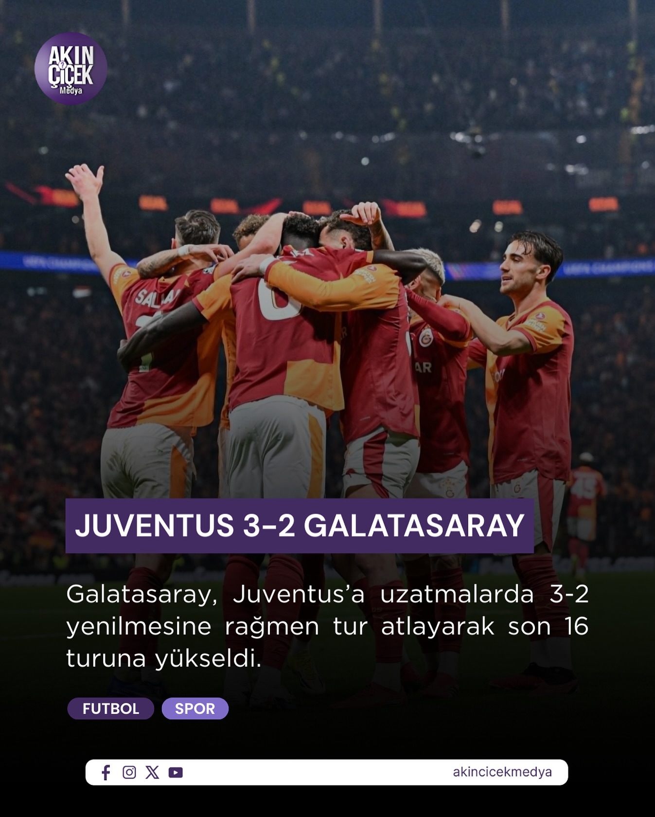 Galatasaray, deplasmanda Juventus’a uzatmaya giden maçta 3-2 yenilmesine rağmen son 16 turuna yükseldi.