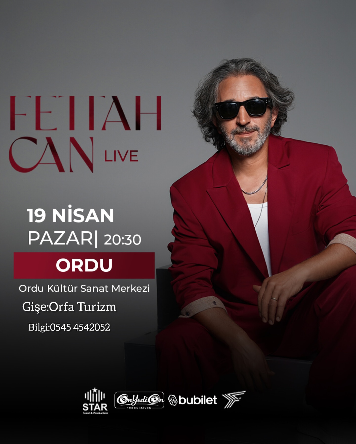FETTAH CAN ORDU’YA GELİYOR

Ordu Kültür Sanat Merkezi Salonunda güzel  gecede sende yerini al.

⏰ Saat: 20.30 

🏤 Ordu Kültür Sanat Merkezi 

Bilet Satış Orfa Turizm Nakit Satış 

Kredi kartıyla internette bubilet üzerinden satışta. 

☎️ 0545 4542052 

#ordu #fatsa #ünye #giresunüniversitesi #orduüniversitesi #reklam @stareventproduksiyon