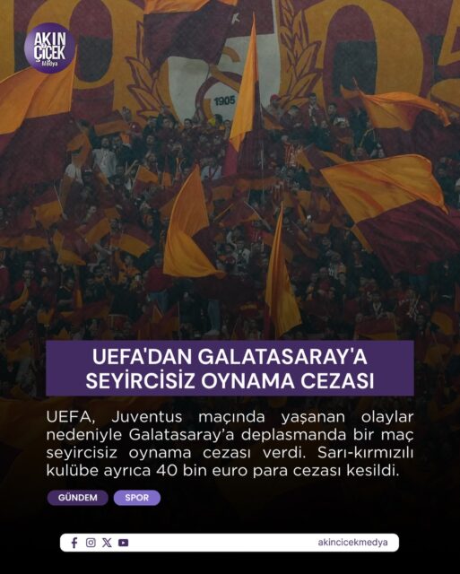 UEFA, Juventus maçında yaşanan olaylar nedeniyle Galatasaray’a deplasmanda bir maç seyircisiz oynama cezası verdi. Sarı-kırmızılı kulübe ayrıca 40 bin Euro para cezası kesildi.