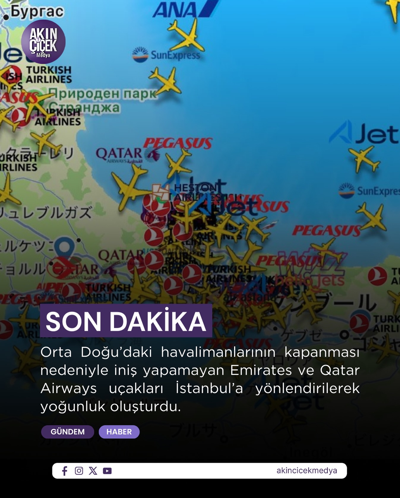 Orta Doğu’daki havalimanlarının peş peşe kapanması nedeniyle iniş yapamayan Emirates ve Qatar Airways uçakları İstanbul’a yönlendirilerek yoğunluk oluşturdu.