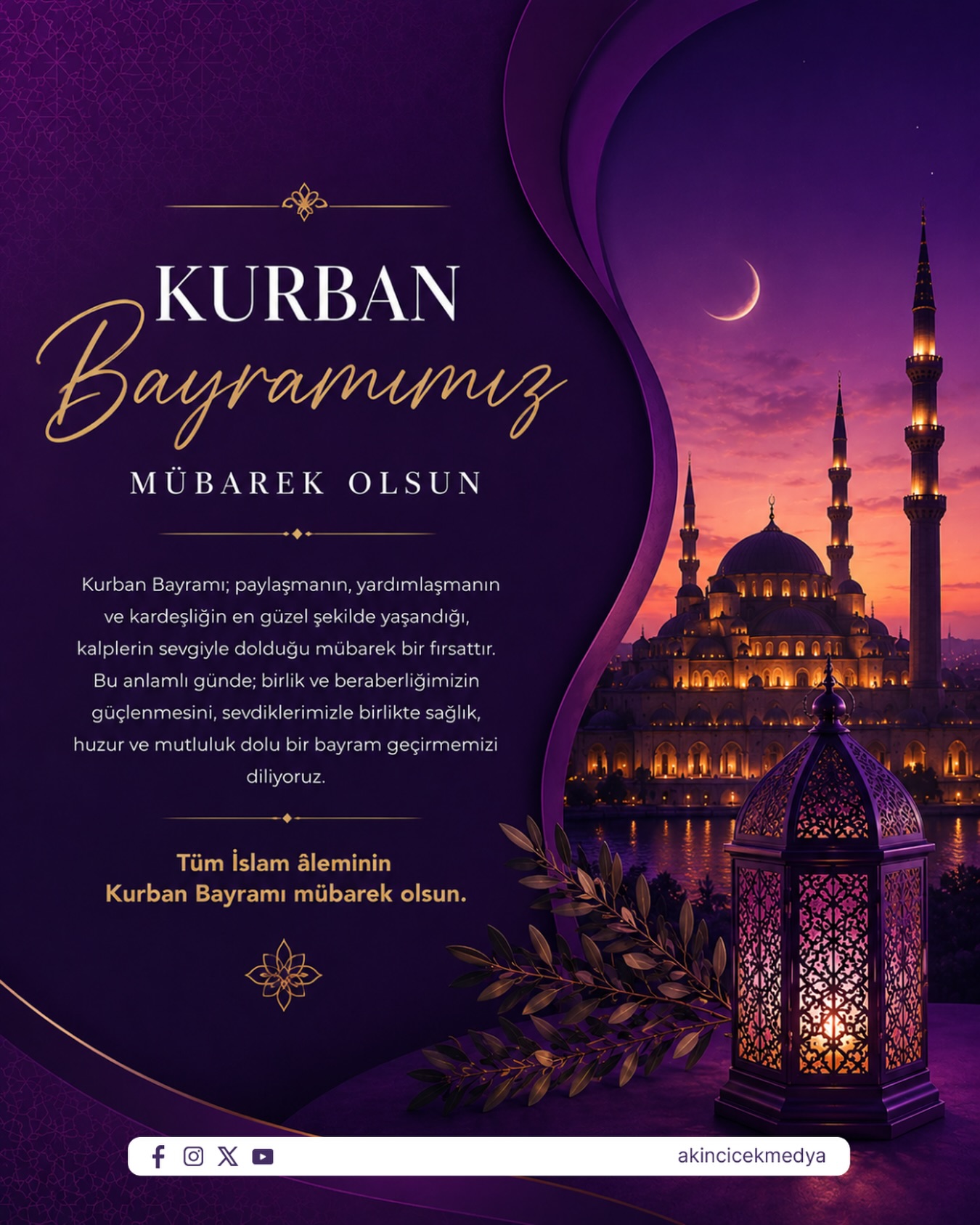 Kurban Bayramı’nın; birlik, beraberlik, sağlık ve huzur getirmesini diliyor, sevdiklerinizle birlikte nice mutlu bayramlar geçirmenizi temenni ediyoruz.

Bayramınız mübarek olsun.