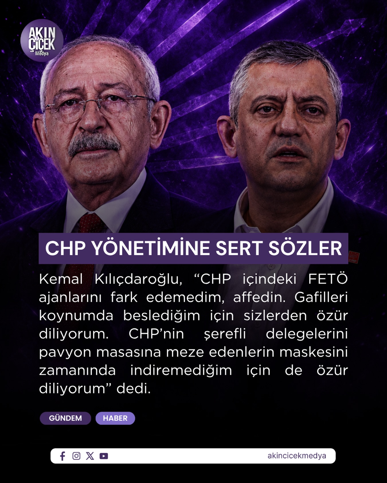 Kemal Kılıçdaroğlu, partisi içinde yaşanan tartışmalara ilişkin dikkat çeken açıklamalarda bulundu. Kılıçdaroğlu, Atatürk’ün mirasının yıpratıldığını savunarak, “Atatürk’ün partisini kimler pavyon sofrasına meze etmeye çalıştı? Emanetimizi kimler mahkeme kapılarına düşürdü? Kul hakkını yemedim, bundan sonra da kimseye yedirmeyeceğim” ifadelerini kullandı.

Kılıçdaroğlu açıklamasında, geçmiş dönemde parti içinde bazı isimlere duyduğu güven nedeniyle hata yaptığını belirterek, “CHP içindeki FETÖ ajanlarını fark edemedim, affedin. Gafilleri koynumda beslediğim için sizlerden özür diliyorum. CHP’nin şerefli delegelerini pavyon masasına meze edenlerin maskesini zamanında indiremediğim için de özür diliyorum” dedi.