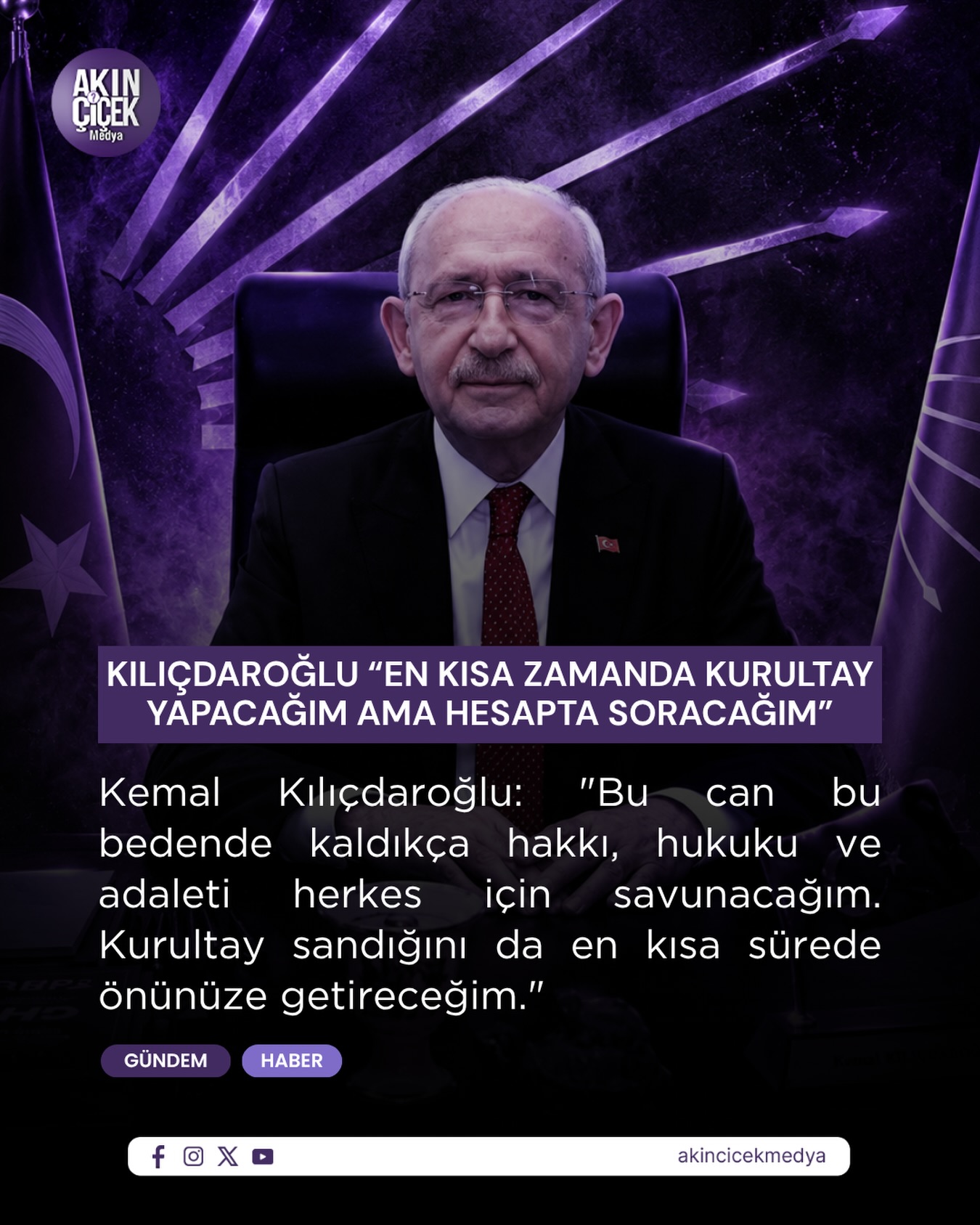 Mahkemenin kararıyla CHP Genel Başkanlığı’na dönen Kemal Kılıçdaroğlu, CHP Genel Merkezi önünde toplanan kalabalığa sesleniyor.

Mahkemenin “mutlak butlan” kararıyla göreve geri dönen CHP Genel Başkanı Kemal Kılıçdaroğlu, 2,5 yıl sonra yeniden CHP Genel Merkezi’ne geldi.

Kemal Kılıçdaroğlu: “Şimdi bana soruyorlar, ne yapacaksın? Hesap soracağım, hesap! Sonra kurultay sandığını en kısa sürede önünüze getireceğim” dedi.