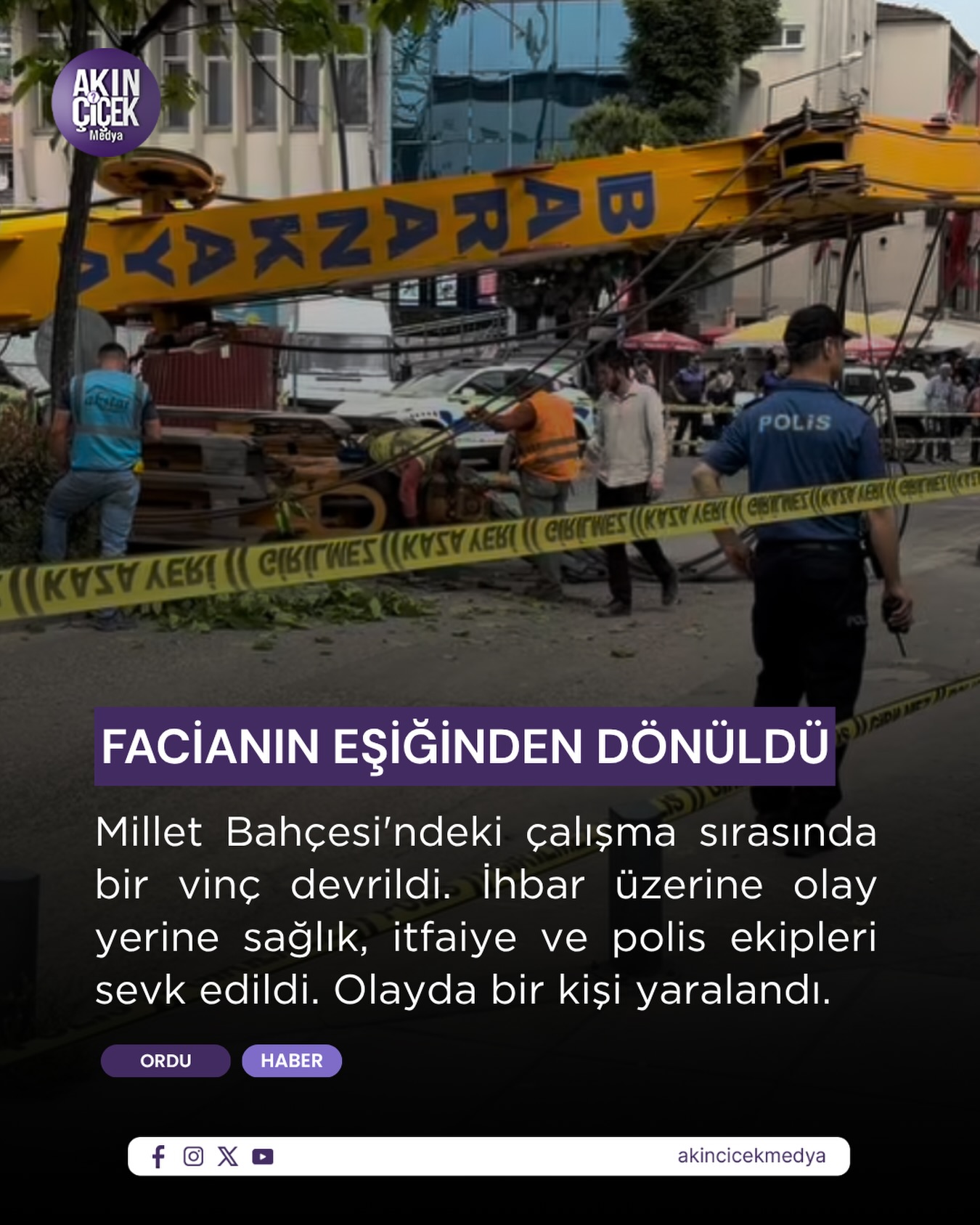 Ordu’nun Altınordu ilçesinde yapımı süren Millet Bahçesi inşaat alanında vinç devrildi. Meydana gelen kazada 1 kişinin yaralandığı öğrenildi. Olayın daha büyük bir faciaya yol açmaması ise teselli kaynağı oldu.