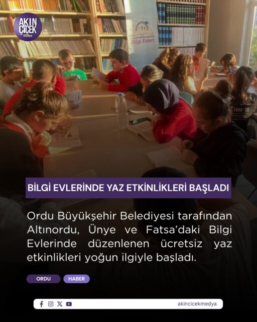 Bilgi Evlerinde kayıtlar devam ediyor. 7 Ağustos’a kadar devam edecek program kapsamında 5, 6, 7 ve 8. sınıf öğrencileri; Kur’an-ı Kerim, satranç, drama, bilişim, oyun tasarımı, ahşap boyama, masa tenisi, hikâye anlatıcılığı ve daha birçok kulüpte ücretsiz eğitim alma fırsatı bulacak.

Etkinliklere katılmak isteyen öğrenciler için kayıtlar devam ediyor. Başvurular Bilgi Evlerine şahsen yapılabilecek.

Başvuru Adresleri:
📍 Altınordu Mimar Sinan Bilgi Evi: Subaşı Mahallesi Zübeyde Hanım Caddesi No:74 – 0452 222 00 92
📍 Fatsa Mehmet Akif Bilgi Evi: Mustafa Kemal Paşa Mahallesi Plevne Caddesi No:23 – 0452 400 22 00
📍 Ünye Yunus Emre Bilgi Evi: Liseler Mahallesi Fatih Sultan Mehmet Caddesi 1. Sokak No:12 – 0452 333 66 60