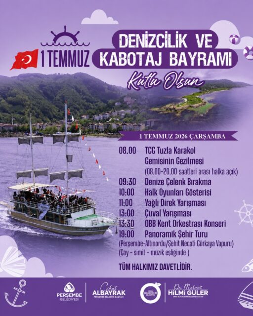 Perşembe’de Denizcilik ve Kabotaj Bayramı Coşkusu Yaşanacak

Perşembe Belediyesi ile Ordu Büyükşehir Belediyesi iş birliğinde düzenlenecek 1 Temmuz Denizcilik ve Kabotaj Bayramı etkinlikleri, birbirinden renkli programlarla kutlanacak.

Kutlamalar kapsamında vatandaşlar, 08.00-20.00 saatleri arasında TCG Tuzla Karakol Gemisi’ni ziyaret edebilecek. Günün resmi programı ise saat 09.30’da denize çelenk bırakılmasıyla başlayacak.

Etkinliklerde halk oyunları gösterisi, geleneksel yağlı direk yarışması, çuval yarışı ve Ordu Büyükşehir Belediyesi Kent Orkestrası konseri gerçekleştirilecek.

Kutlamalar, saat 19.00’da Şehit Necati Gürkaya Vapuru ile düzenlenecek panoramik şehir turuyla sona erecek. Çay, simit ve müzik eşliğinde gerçekleştirilecek şehir turunda vatandaşlar deniz keyfi yaşayacak.

Perşembe Belediyesi, 1 Temmuz Denizcilik ve Kabotaj Bayramı dolayısıyla düzenlenecek etkinliklere tüm vatandaşları davet etti.
