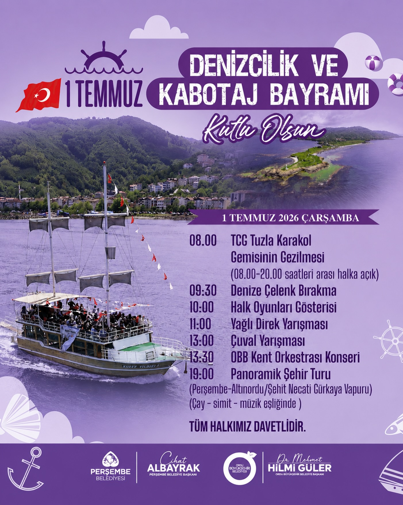 Perşembe’de Denizcilik ve Kabotaj Bayramı Coşkusu Yaşanacak

Perşembe Belediyesi ile Ordu Büyükşehir Belediyesi iş birliğinde düzenlenecek 1 Temmuz Denizcilik ve Kabotaj Bayramı etkinlikleri, birbirinden renkli programlarla kutlanacak.

Kutlamalar kapsamında vatandaşlar, 08.00-20.00 saatleri arasında TCG Tuzla Karakol Gemisi’ni ziyaret edebilecek. Günün resmi programı ise saat 09.30’da denize çelenk bırakılmasıyla başlayacak.

Etkinliklerde halk oyunları gösterisi, geleneksel yağlı direk yarışması, çuval yarışı ve Ordu Büyükşehir Belediyesi Kent Orkestrası konseri gerçekleştirilecek.

Kutlamalar, saat 19.00’da Şehit Necati Gürkaya Vapuru ile düzenlenecek panoramik şehir turuyla sona erecek. Çay, simit ve müzik eşliğinde gerçekleştirilecek şehir turunda vatandaşlar deniz keyfi yaşayacak.

Perşembe Belediyesi, 1 Temmuz Denizcilik ve Kabotaj Bayramı dolayısıyla düzenlenecek etkinliklere tüm vatandaşları davet etti.
