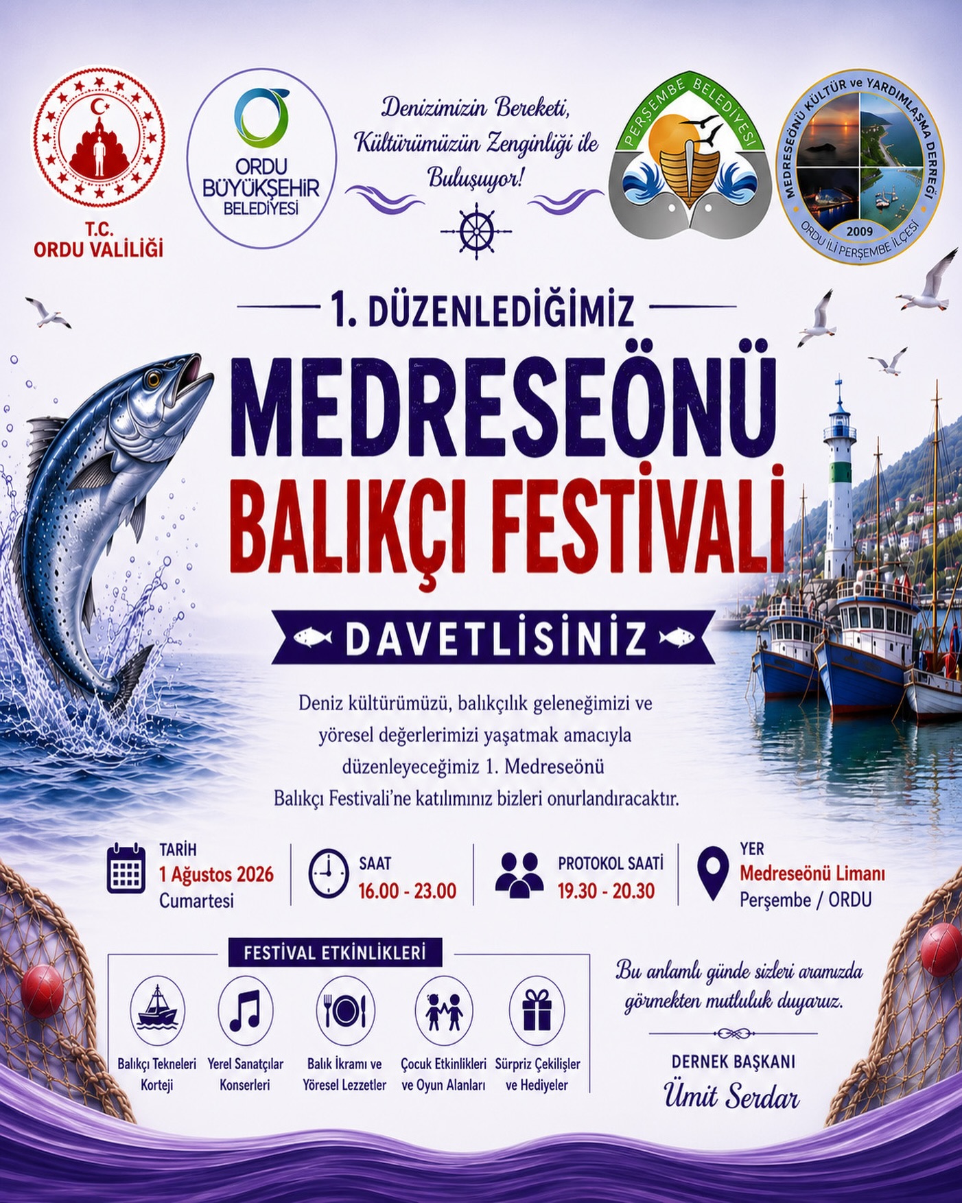 Ordu’nun Perşembe ilçesinde, deniz kültürü ve balıkçılık geleneğini yaşatmak amacıyla 1. Medreseönü Balıkçı Festivali düzenlenecek.

1 Ağustos Cumartesi günü Medreseönü Limanı’nda gerçekleştirilecek festival saat 16.00’da başlayacak. Program kapsamında balıkçı tekneleri korteji, yerel sanatçı konserleri, balık ikramı, yöresel lezzetler, çocuk etkinlikleri ile sürpriz çekiliş ve hediyeler katılımcılarla buluşacak.