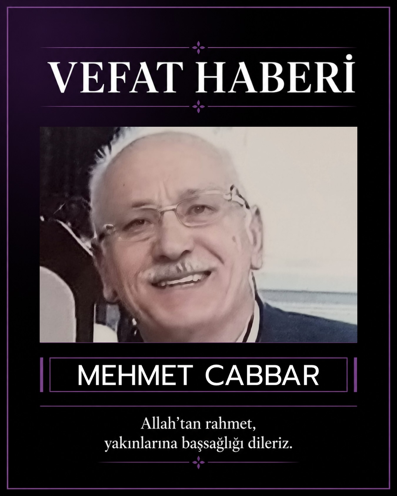 Ordu’da uzun yıllar edebiyat öğretmeni olarak görev yapmış olan emekli öğretmen Mehmet Cabbar vefat etmiştir. Merhumun cenazesi 24 Temmuz 2026 Cuma günü Cuma namazı sonrası Orta Camii’de kılınacak Cenaze Namazından sonra defnedilecektir. Merhuma Allah’tan rahmet diliyoruz.