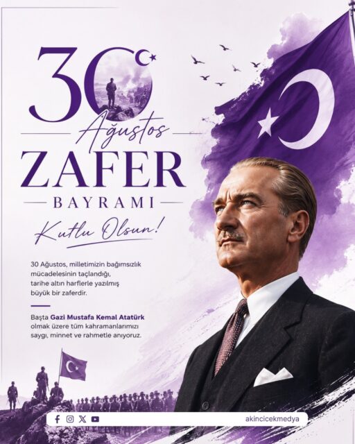 Bir milletin bağımsızlık iradesinin tarihe kazındığı, geleceğe umut ve cesaretle yürüyüşünün simgesi olan 30 Ağustos Zaferi’nin 104. yıl dönümünü gururla kutluyoruz.

Bu büyük zaferi bizlere armağan eden Gazi Mustafa Kemal Atatürk ve silah arkadaşlarını, aziz şehitlerimizi ve gazilerimizi saygı ve minnetle anıyoruz.

Bağımsızlığımızın ve birlik ruhumuzun simgesi 30 Ağustos Zafer Bayramımız kutlu olsun. 🇹🇷
