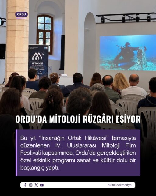 Taşbaşı Sanat Alanı’nda gerçekleştirilen festivalin Ordu etabında, Düzenleme Kurulu Başkanı Prof. Dr. Mehmet Yılmaz ve birbirinden değerli akademisyenler, yönetmenler ile sanatseverler bir araya geldi.

Festivalin ilk gününde yönetmen M. Mustafa Koç’un “Anadolu’nun Derinlikleri – Eğil: Suların Altındaki Peygamber Kabirleri” ve İlyas Soner Yıldırım’ın “Mavi Miras” adlı yapımları izleyiciyle buluştu. Gösterimlerin ardından gerçekleştirilen söyleşilerde sinema, tarih ve kültürel miras üzerine değerlendirmeler yapıldı.

Günün devamında Zuhal Akmeşe, Mustafa Eren ve Orhan Tekeoğlu, moderatör Şermin Tağ Kalafatoğlu eşliğinde düzenlenen söyleşide katılımcılarla buluştu. Akademik oturumlarla zenginleşen program, mitolojinin kültür ve sanat dünyasındaki yerini farklı bakış açılarıyla ele aldı.

✨ Ordu’da ilk kez gerçekleştirilen festival, ikinci gününde de birbirinden değerli konukları ve etkinlikleriyle sanatseverleri ağırlamaya devam ediyor.