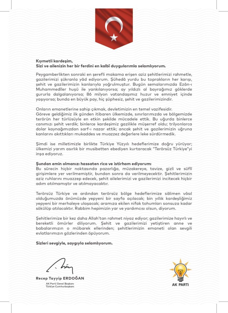 CUMHURBAŞKANI ERDOĞAN'DAN GAZİ VE ŞEHİT AİLELERİNE MEKTUP